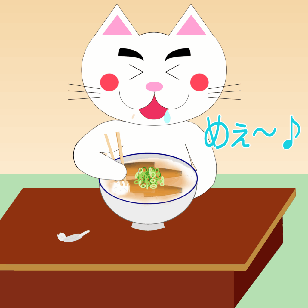 「なまねご」のワンポイント方言-さんまの蒲焼丼を食べるレオ君