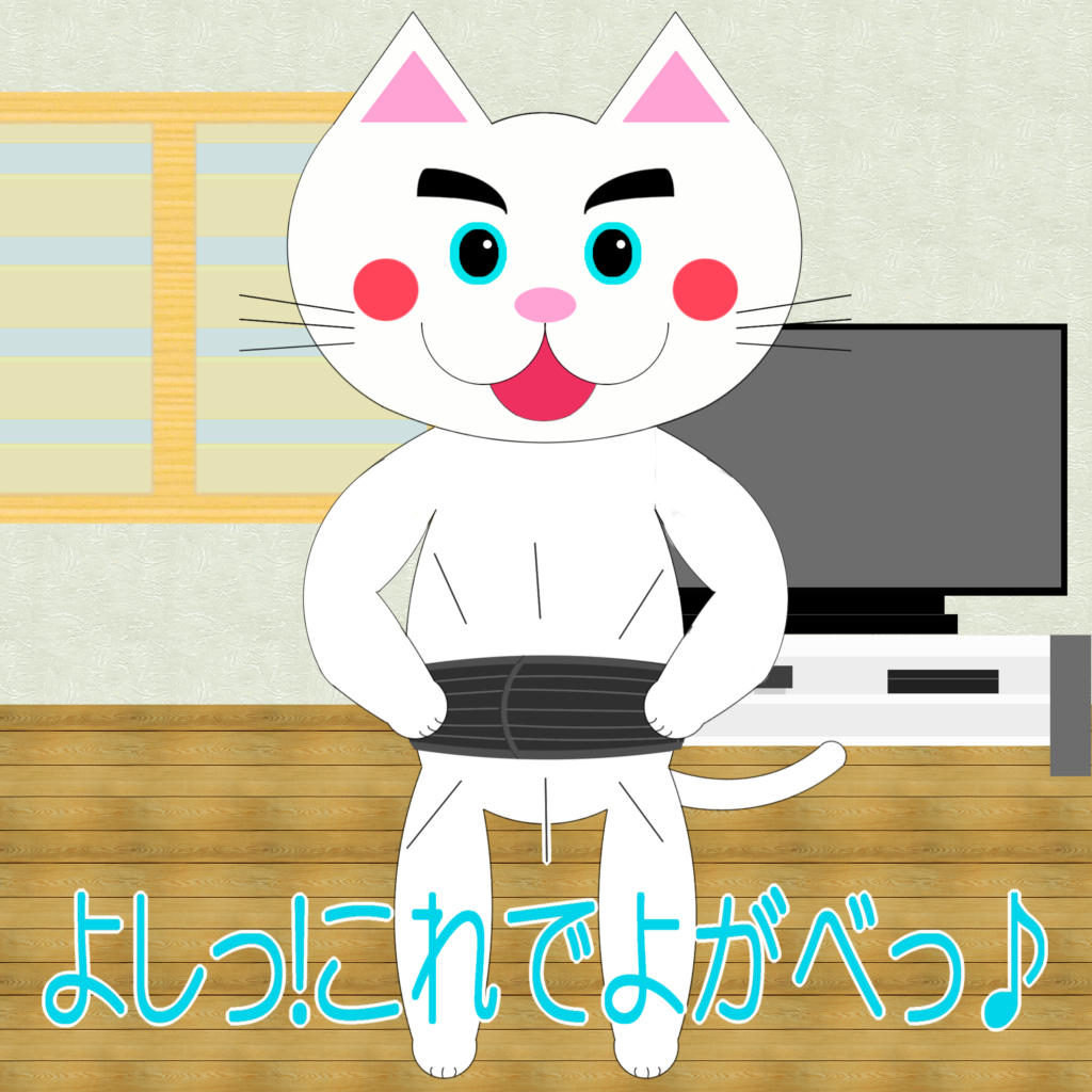 「なまねご」のワンポイント方言-腰サポーターを付けるレオ君